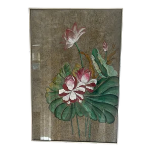Vintage Framed Japanese Gouache Painting of Lotus Flowers