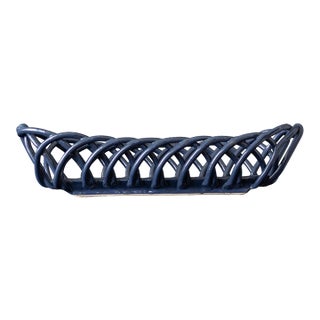 1970s Farmhouse Open Lattice Blue Ceramic Oval Bread Baguette Basket or Fruit Bowl For Sale