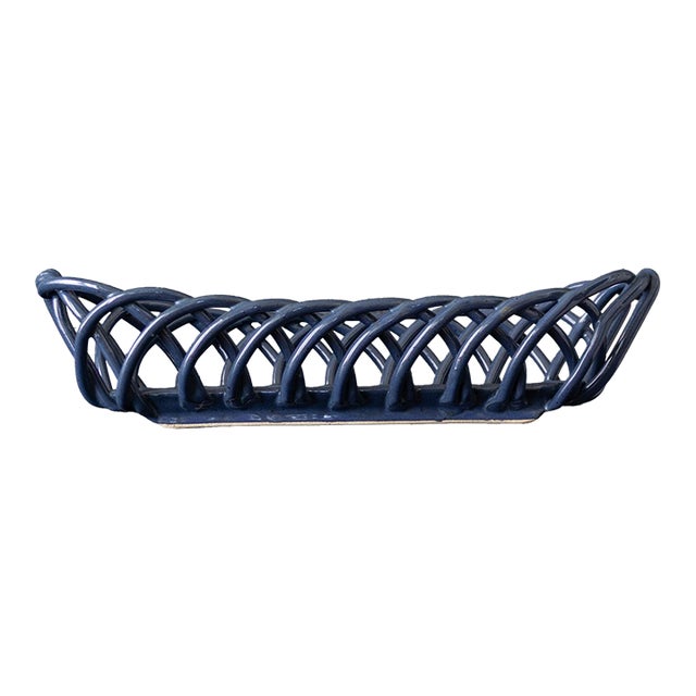 1970s Farmhouse Open Lattice Blue Ceramic Oval Bread Baguette Basket or Fruit Bowl For Sale