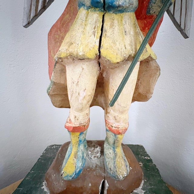 Weathered 19th Century Antique Wood Archangel Michael Primitive Religious Figurine For Sale In Boston - Image 6 of 14