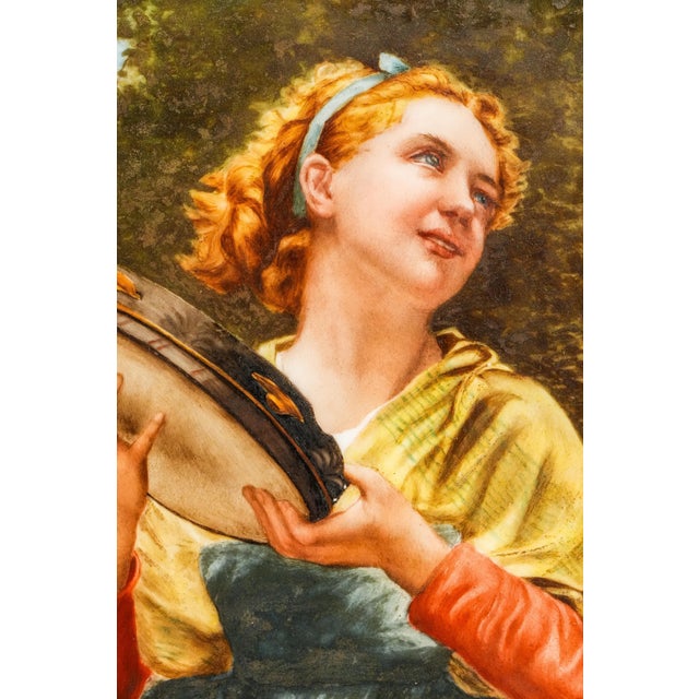Art Nouveau Maiden Antique German Porcelain Tile Painting Carved Wood Frame For Sale - Image 4 of 15