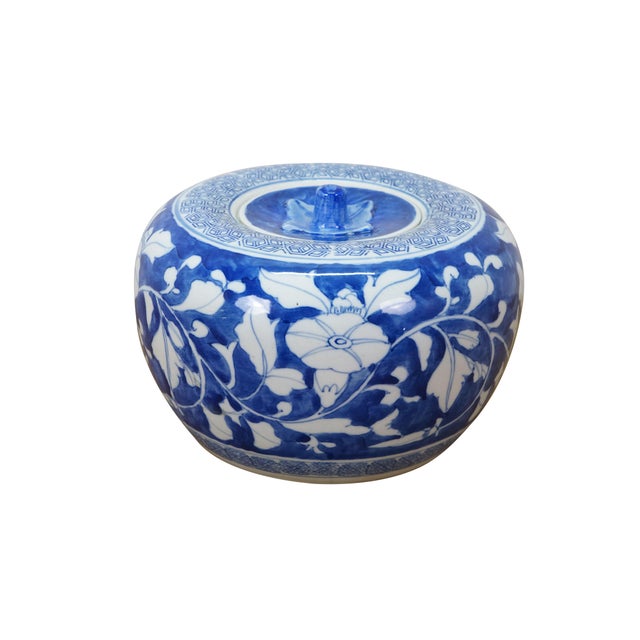 Vintage blue and white pumpkin shaped jar / lidded urn with floral morning glory pattern. Dimensions: 8.5" x 6" (Diameter...