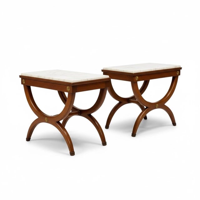 Mid-Century Neo-Classical Klismos Style Walnut & Marble Side Tables or Stools - Pair For Sale - Image 4 of 7