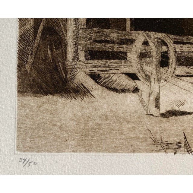 1940s etching by Elizabeth Goodstatd of a rural farm house. Pencil signed and numbered from and edition of 50.