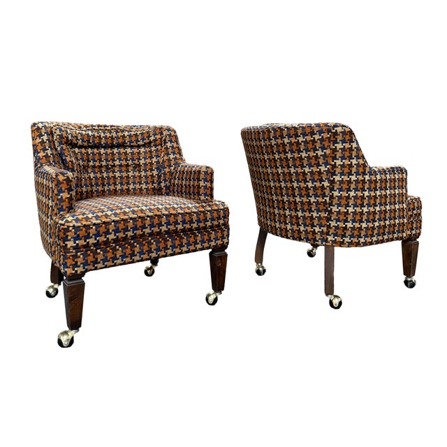 Mid-Century Modern Set of 4 Vintage Mid-Century Modern Club Chairs — Houndstooth Plaid on Casters For Sale - Image 3 of 10