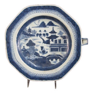 Chinese Export 19thc Canton Blue Village Porcelain Octagonal Warming Dish Plate For Sale