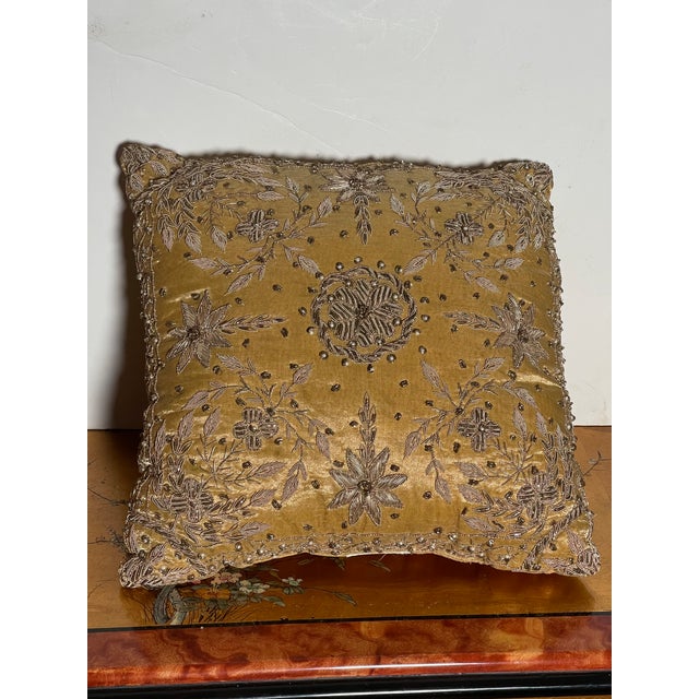 Shabby Chic Vintage Marakesh Gold Thread Embroidered Pillow For Sale - Image 3 of 6