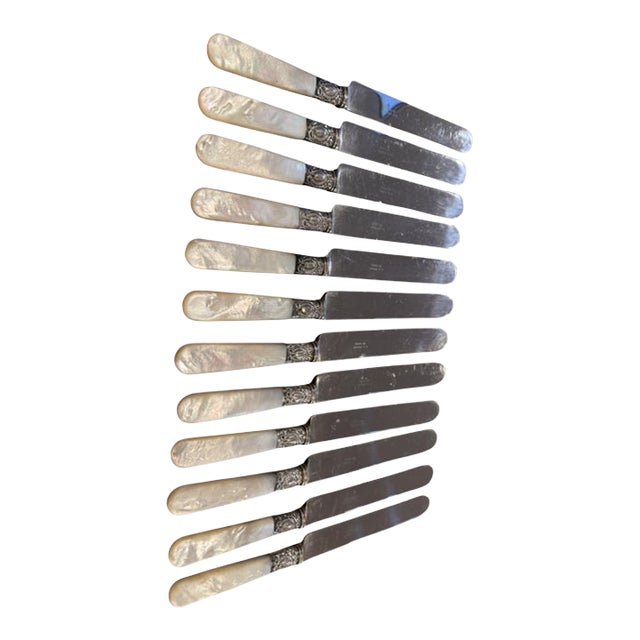 Antique a.j. Jordan St. Louis Mother of Pearl With Sterling Cuff Dinner Knives. Set of 12. For Sale