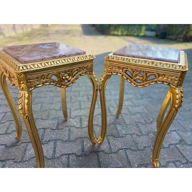 Wood 1990s French Louis XVI Gold Pink Marble Side Tables Pair For Sale - Image 7 of 17