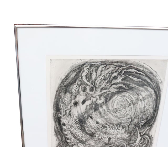 Vintage Millie Breen signed serigraph titled Consider the Behemoth I Made With Thee (4/50). Brushed silver metal frame. In...