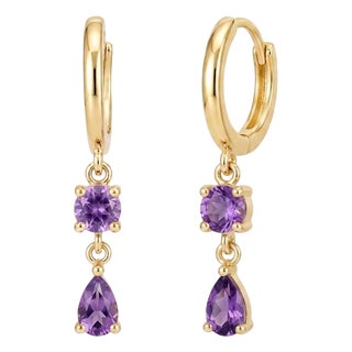 Minimalist Amethyst Drop Earrings | 18k Gold Plated Leverback Huggiess | Dangle Hoop Gemstone Earrings - A Pair For Sale