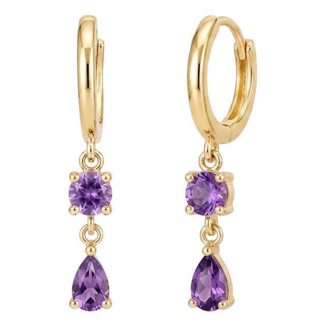Minimalist Amethyst Drop Earrings | 18k Gold Plated Leverback Huggiess | Dangle Hoop Gemstone Earrings - A Pair For Sale