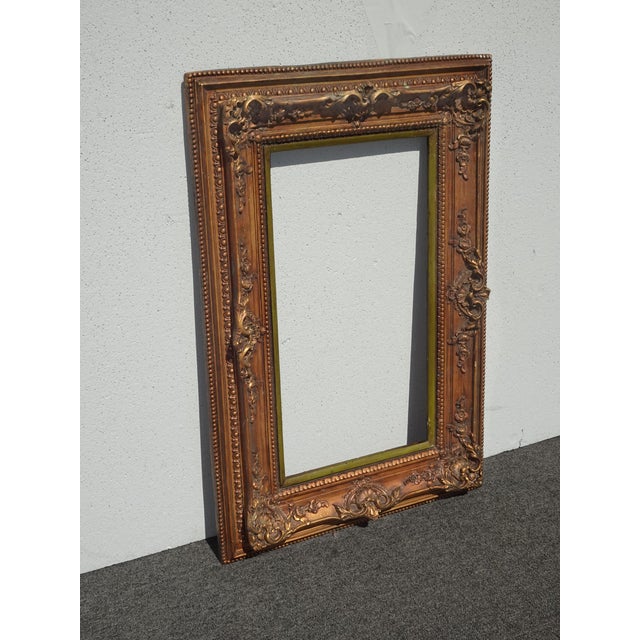 36 5/8" H Vintage French Country Gold Ornate Picture Frame W Green Inner Strip For Sale - Image 4 of 14