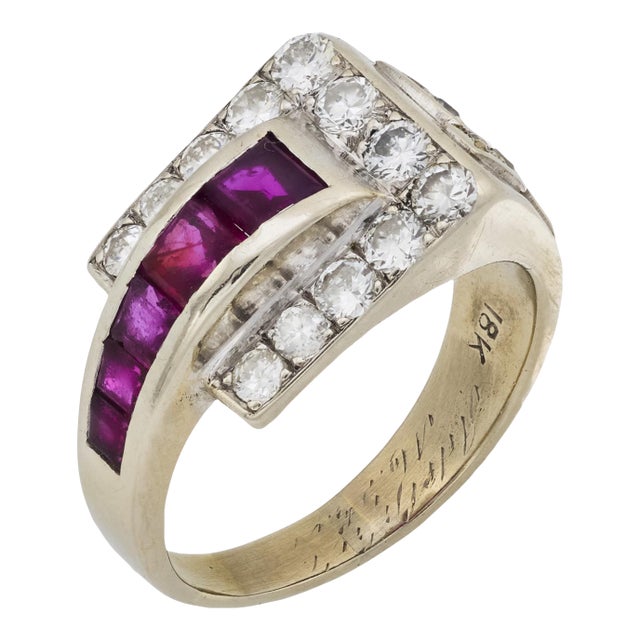 Mid Century Ruby Diamond 18k White Gold Ring, Size 5 For Sale