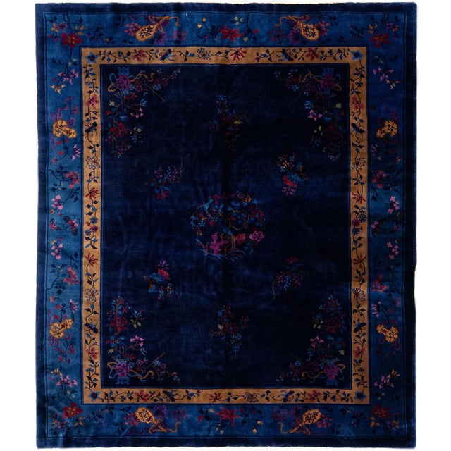 Blue Antique Peking Handmade Chinese Blue Wool Rug With Traditional Floral Motif For Sale - Image 8 of 8