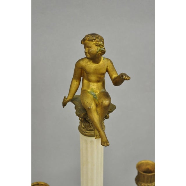 Antique French Neoclassical Bronze Swans Cherub Marble Column Candelabras - Pair For Sale In Philadelphia - Image 6 of 12