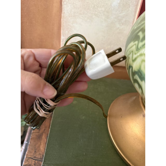1960s Italian Empoli Style Green Swirl Art Glass Lamp, 25 Inch Marbled Glass on Brass Tone Base Table Lamp For Sale - Image 10 of 10