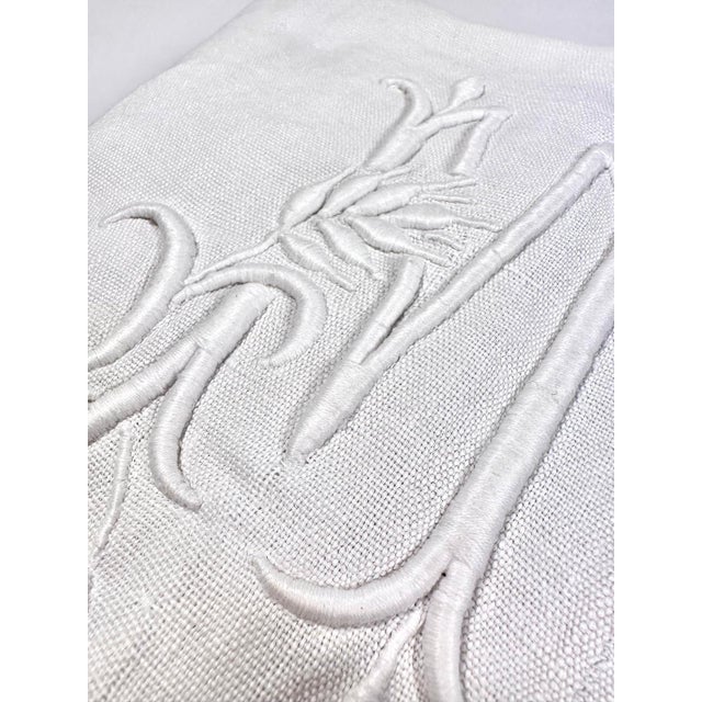 Antique French Heavy Linen Sheet, Mf Monogram, Hand Embroidered, Center Seam, Circa 1900 For Sale In Philadelphia - Image 6 of 11