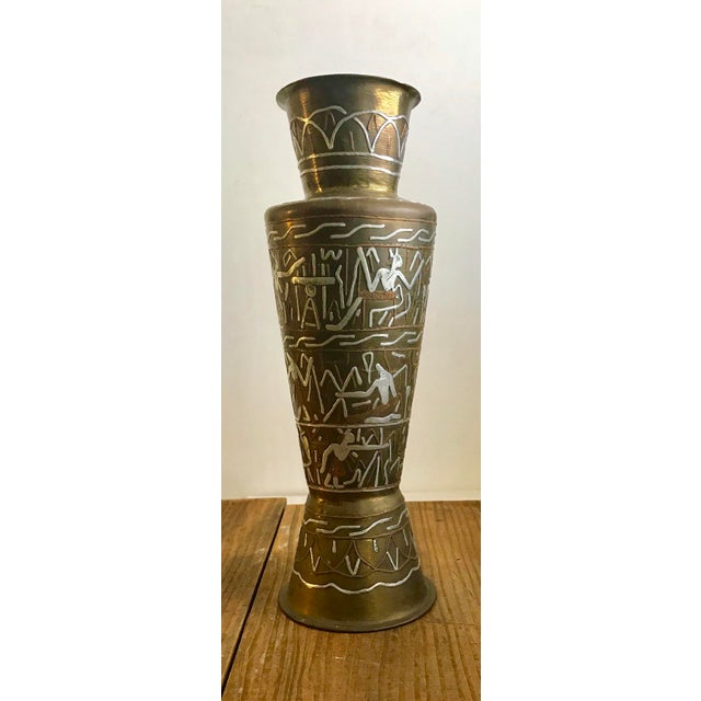 Egyptian Cairo Ware Brass Vase With Silver and Copper Inlay Design
