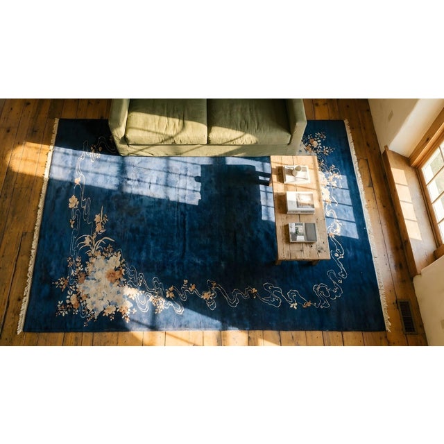 Textile A Lovely Small Floral Bouquet Diagonally in a Royal Blue Open Field Antique Chinese Art Deco Rug For Sale - Image 7 of 7
