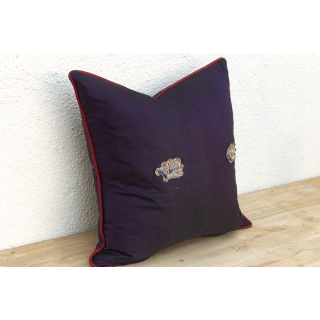 Traditional Mdra Blue Zardozi-Embroidered Silk Pillow Cover For Sale - Image 3 of 6
