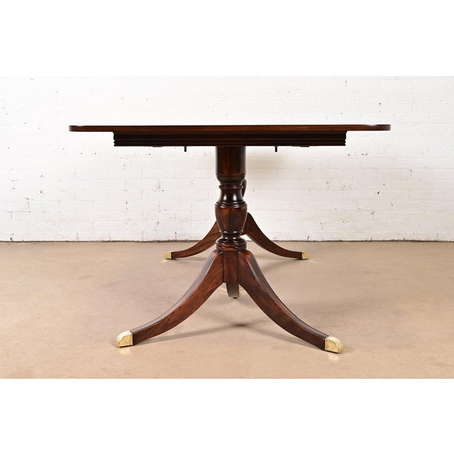 Baker Furniture Style Georgian Mahogany Double Pedestal Extension Dining Table, Newly Refinished For Sale - Image 10 of 11