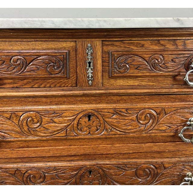 Gold Antique French Style Carved Oak Chest of Drawers with Marble Top For Sale - Image 8 of 18