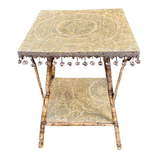 Mid 19th Century Victorian Bamboo Side Table With Fortuny Fabric Cover For Sale
