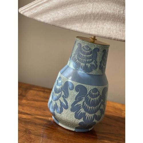 Josef Ekberg Art Deco Ceramic Table Lamp with a beautiful body and a blue plant relief decoration. Originally a vase...