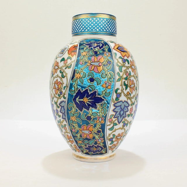 Antique Bohemian Aesthetic Movement Cased Blue & White Enameled Cut Glass Vase For Sale - Image 4 of 9