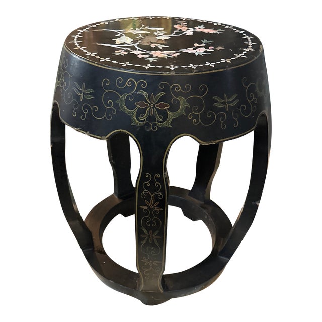 Vintage Asian Style Black Wooden Plant Stand With Mother of Pearl Accents, Slight Condition Issues For Sale