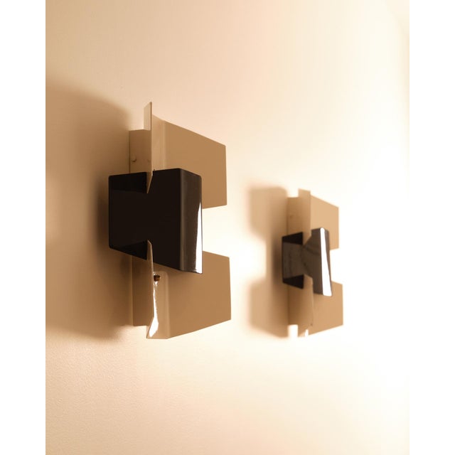 Pair of french wall sconces - 1960s Two-part architectural forms designed to create volume. Fully refinished in cream-...