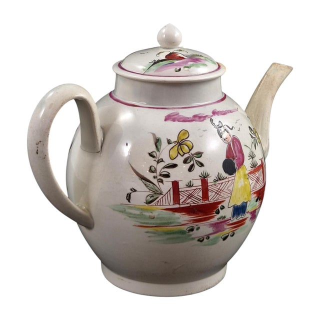 Antique English Polychrome Chinoiserie Creamware Teapot, 1700s For Sale - Image 3 of 16