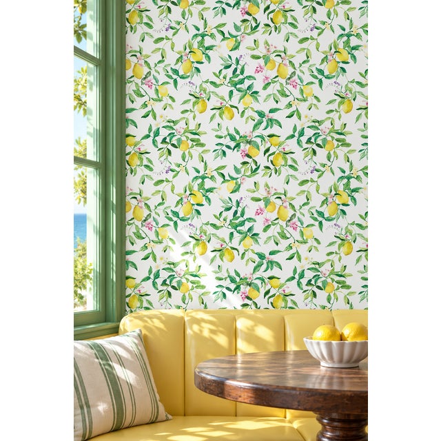 American Limoncello Floral & Lemon Grasscloth Wallpaper by House Party | White Blossom | 6 Yards For Sale - Image 3 of 10