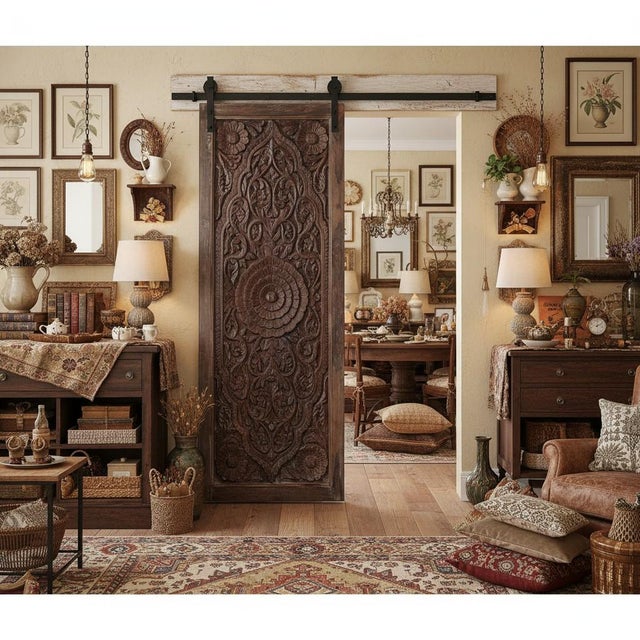 Triple Lotus Hand-Carved Solid Wood Double Entry Doors – Antique Indian Statement Doors 80x36 For Sale In Orlando - Image 6 of 6