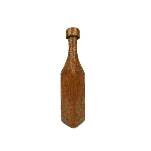 Mid 20th Century Mid 20th Century Tall Embossed Leather Wrapped Triangle Shape Bottle Decanter With Stopper For Sale - Image 5 of 11