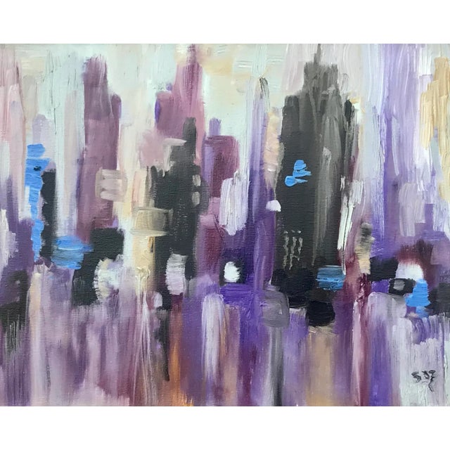 An original oil on canvas modernist abstract city skyline view. Oil on canvas signed indistinctly lower left presented in...