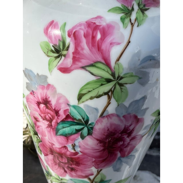 1920s Hand-Painted Table Lamps Milk Glass With Azalea Decoration - Pair For Sale In New York - Image 6 of 6