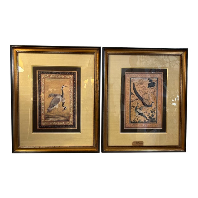 Pair of Vintage Asian Style Watercolors of Birds. For Sale