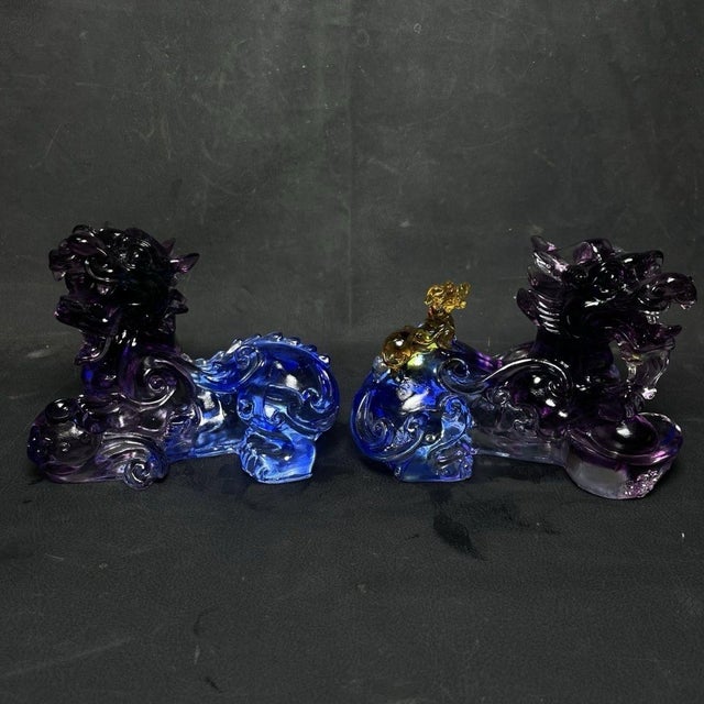 Pair of Vintage Chinese Purple Glass / Liuli Kirin Sculptures - Feng Shui Wealth Guardians For Sale - Image 9 of 9