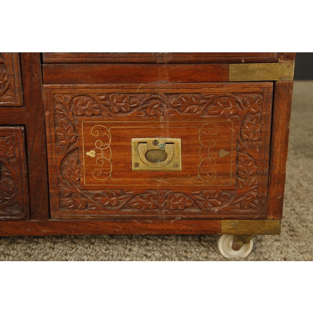 Vintage Campaign Style Inlaid Walnut Dresser Chest, Brass Inlay Carved Wood 10 Drawer Cabinet For Sale - Image 10 of 18