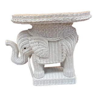 Vintage White Wicker Elephant Side Table, Trunk Up For Sale