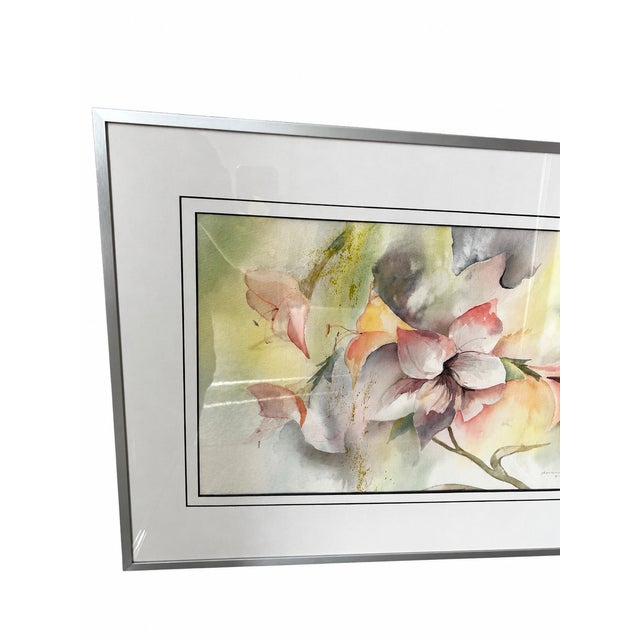 1989 Signed Abstract Floral Watercolor in New Silver-Tone Frame For Sale - Image 14 of 16