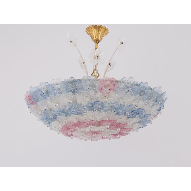 Glass 1950s Murano Glass Floral Barovier & Toso Blue Clear Pink Flower Basket Chandelier For Sale - Image 7 of 12
