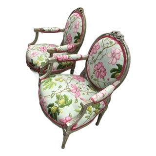 Pair of Manuel Canovas Antique Louis XVI Large Arm Chairs Fauteuils For Sale