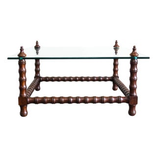 1960s Mid Century Walnut Turned Coffee Table With Glass Top For Sale