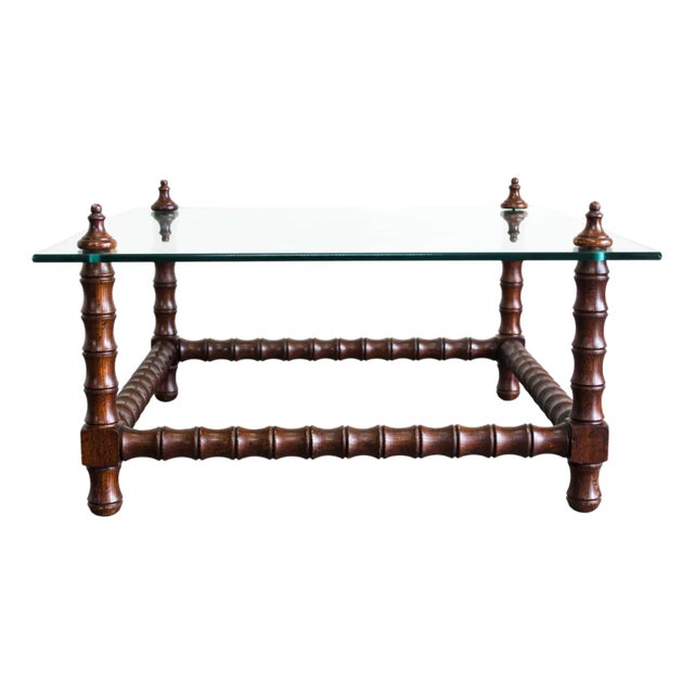 1960s Mid Century Walnut Turned Coffee Table With Glass Top For Sale