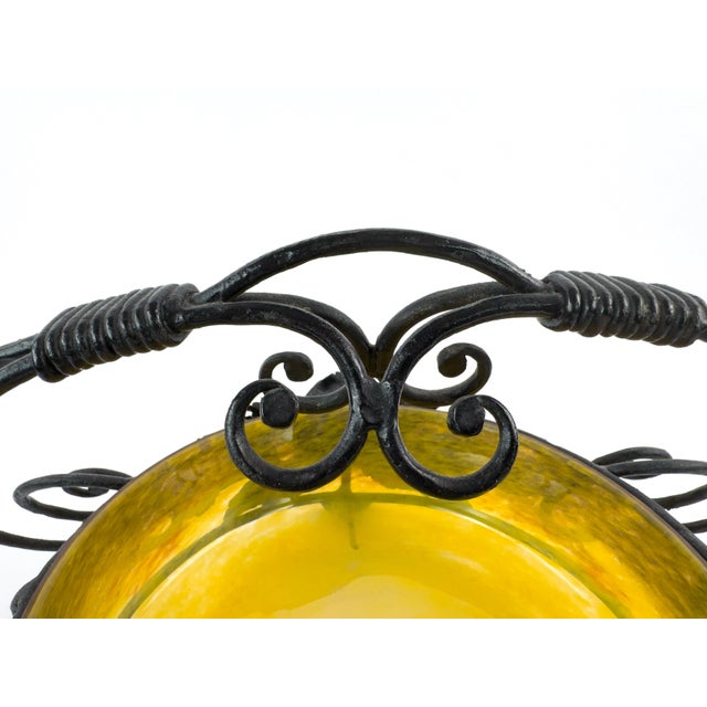 Amber Signed Degué Art Deco Marbled Glass Centerpiece Bowl in Wrought Iron Mount, France 1930s For Sale - Image 8 of 18