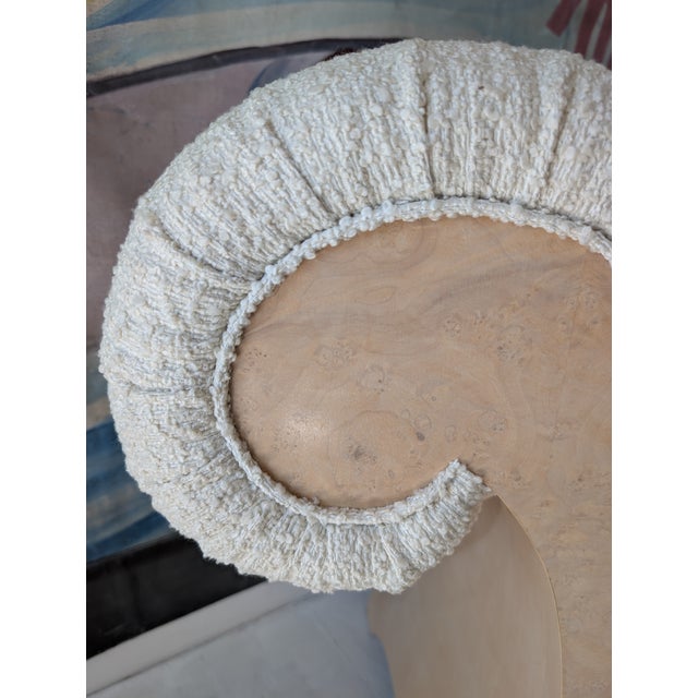 Wood Large Vintage Scroll End Burl and Boucle Upholstered Bench, 1970s For Sale - Image 7 of 10