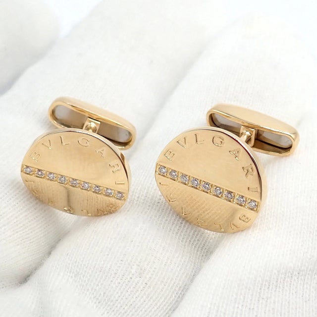 Gold Bulgari Yellow Gold Diamond Classic Round Cufflinks, A Pair For Sale - Image 8 of 11